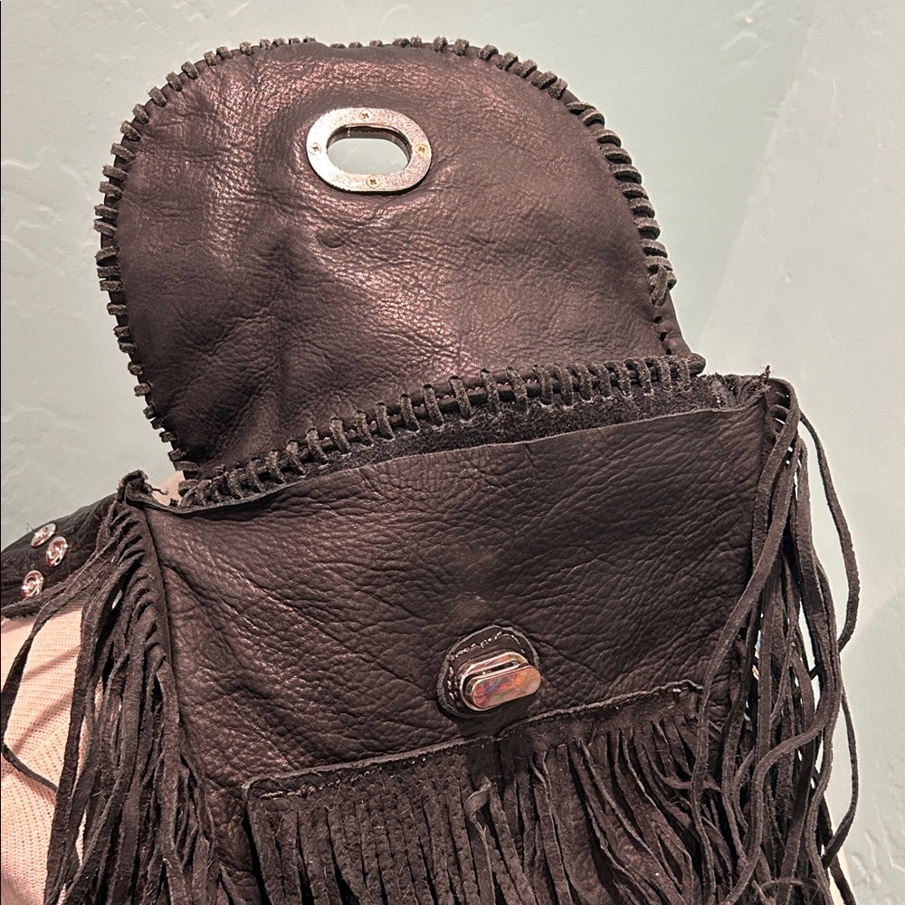 Black Leather Fringe Texan Crossbody Bag - Picture 10 of 15